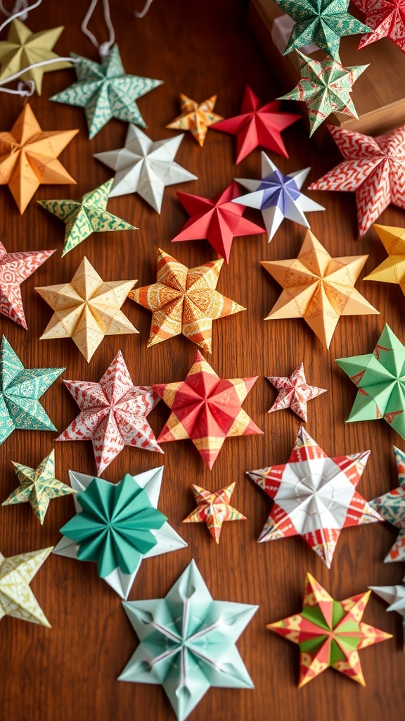 Origami Christmas Ornaments Colorful origami Christmas ornaments in various shapes on a wooden table.